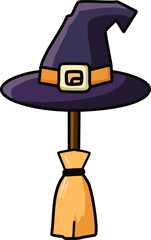 A cartoon broomstick with a purple witch hat attached to the handle.