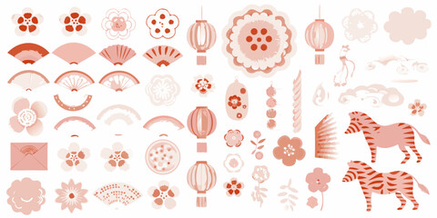 Collection of japanese inspired floral and animal motifs in pink and orange hues