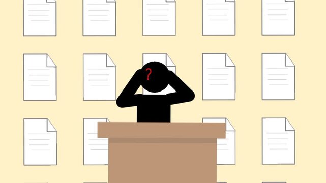 Exhausted businessman icon under pressure with vertical motion of documents. Overwhelmed and fatigued. Information overload stress scene.