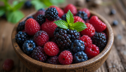 Fresh Assorted Mixed Berries Including Raspberries, Blackberries, and Blueberries in Rustic Wooden Bowl – Healthy Organic Fruit