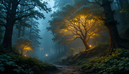 Mystical Enchanted Forest with Glowing Tree and Magical Light in Early Morning Mist – Fantasy Nature Landscape