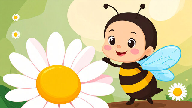 A cheerful cartoon child dressed in a cute honey bee costume smiles happily next to a large white daisy flower in a garden.
