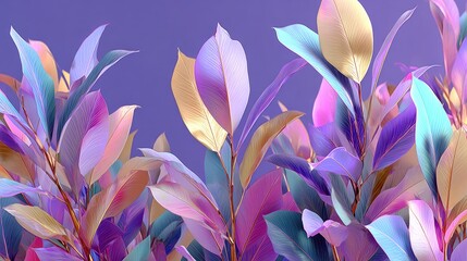 Vibrant, multicolored leaves in a lush arrangement against a vibrant purple background