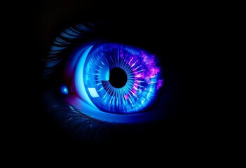 Abstract cosmic eye, blue and purple iris, black backdrop,  artwork,  digital art