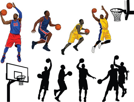 Dynamic basketball players in action silhouettes showcasing dribbling shooting dunking and passing during a game