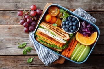 Fresh fruits and almonds neatly arranged in a blue lunchbox on rustic table. concept of healthy snack meal prep. Healthy lunchbox ideas