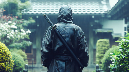 Fototapeta premium Back of ninja with katana sword, black shinobi samurai with no master