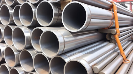 High-quality galvanized steel pipe or aluminum and chrome stainless pipes stacked and awaiting shipment.