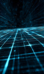 Abstract blue grid digital landscape background with glowing network connection lines and blurry perspective in a technological world suitable for future tech and virtual reality