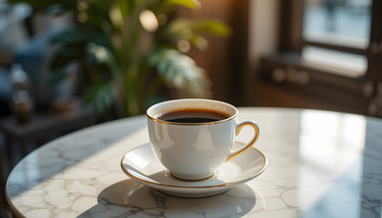 Elegant White Coffee Cup on Saucer with Fresh Brewed Black Coffee in Cozy Morning Light – Warm Cafe Atmosphere
