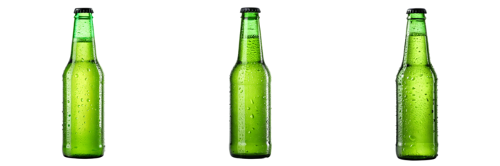 Set For green beer bottles with condensation drops isolated on transparent background