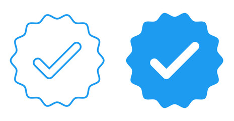 Verified badge icon with check mark in outline and solid style. Social media account verification Tick icon.