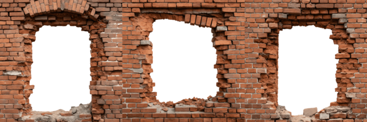 Three window openings in an old brick wall isolated on transparent background