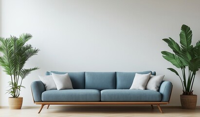 Modern living room interior mockup featuring a stylish blue sofa with decorative plant against clean white wall background, showcasing contemporary home design concept