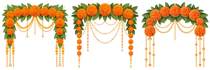 Set For Festive marigold flower garlands with hanging strings for indian wedding decoration isolated on transparent background