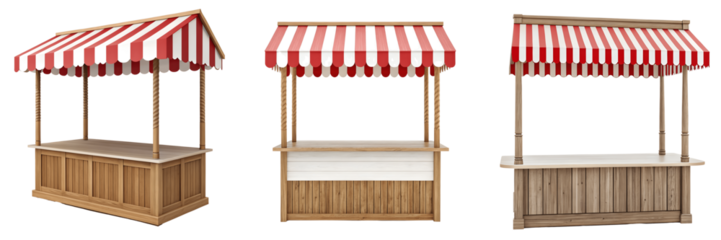 Set For empty wooden market stalls with red and white striped awnings, isolated on transparent background