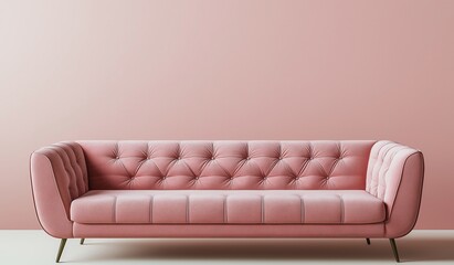 Pastel-colored mockup template featuring a pink button-tufted sofa against a soft background, ideal for interior design presentation graphics