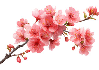 A close-up view of a cherry blossom branch with vibrant pink petals fully open, showcasing the delicate beauty of spring flora in bloom.