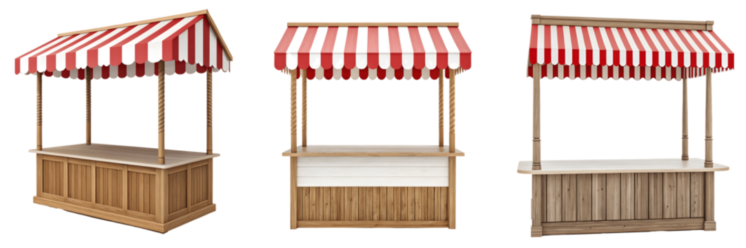 Set For empty wooden market stalls with red and white striped awnings, isolated on transparent background - Powered by Adobe