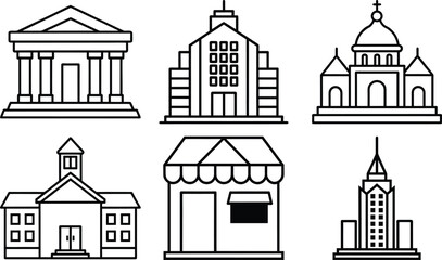 Building simple minimal thin line icons Buildings icon and office icon set