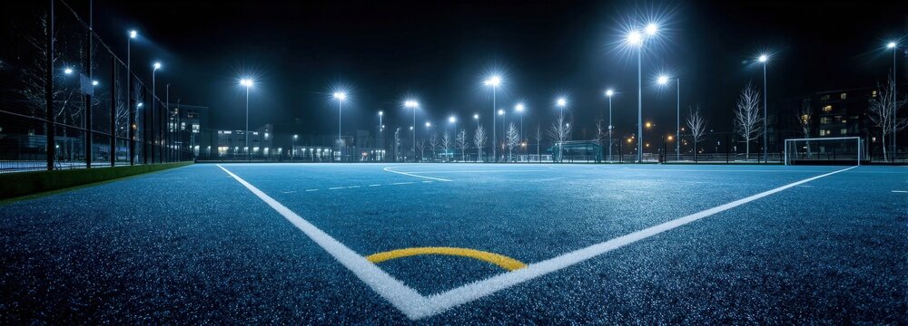 Brightly lit field hockey pitch showcases vibrant synthetic turf for fast-paced gameplay