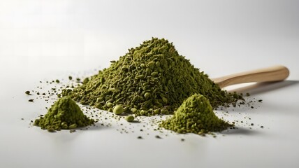 A close-up shot of vibrant green matcha powder, a traditional Japanese tea, presented in a heap, with a wooden scoop, showcasing its fine texture and rich color, perfect for culinary applications
