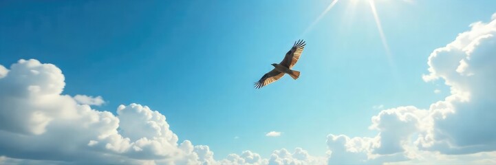 Obraz premium A lone bird soars through a vast, open sky, wings outstretched, embodying the boundless concept of freedom The image evokes a sense of liberation and limitless possibilities , escape, majestic