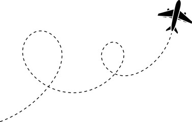 Airplane line path icon of air plane flight route with start point and dash dotted line trace. Love travel route. Airplane routes. Travel icon.