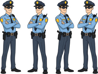 Four cartoon police officers in uniform with arms crossed, confident law enforcement team, vector illustration for patrol, public safety, security, and authority concepts