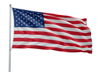 American flag waving proudly on a metal pole isolated on transparent background