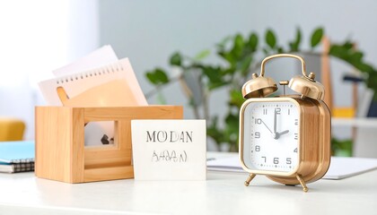 Desk with alarm clock and papers