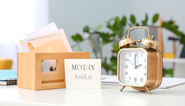 Desk with alarm clock and papers