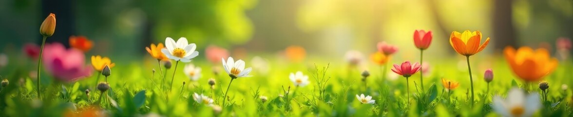 Obraz premium A vibrant display of fresh spring blooms in a lush green meadow, sunlight filtering through the leaves Perfect for nature, springtime, and renewal themes , wildflowers, blossoms, sunlight