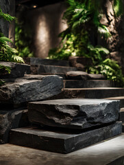 Obraz premium Dramatic stone steps ascend through lush jungle foliage, creating a mystical natural pathway