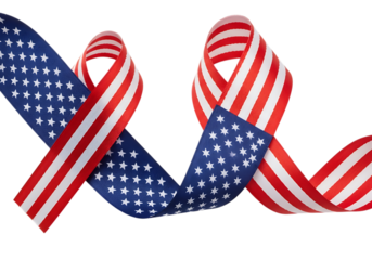 Two american flag ribbons twisted together isolated on transparent background