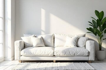 Cozy domestic white interior scene featuring a plush white sofa, soft lighting, and fluffy white cushions Perfect for home decor, interior design, and lifestyle concepts , chic, clean
