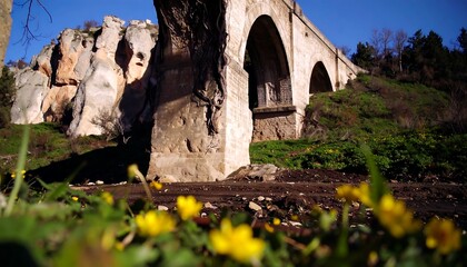 Ancient stone arch bridge, hillside landscape