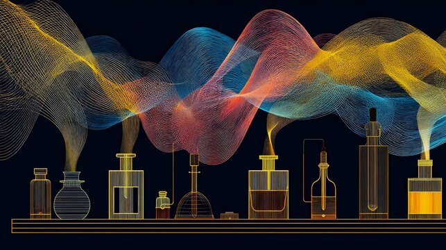 Minimalist perfume lab shelf showcasing flacons and pipettes with colorful scent waves