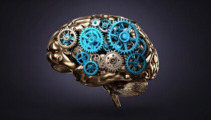 Fototapeta premium Golden brain with intricate blue gears showcases cognitive function and mechanics