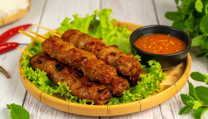 Vietnamese grilled pork skewers served on a bamboo plate with lettuce and dipping sauce