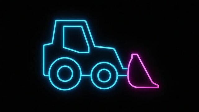 Neon Light Illustration of a Tractor with a Plow in Bright Blue and Pink on Black Background