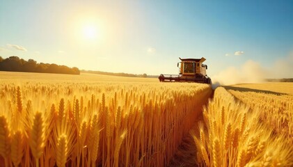 Fototapeta premium Golden wheat field under a summer sun, ready for harvest Combine harvester in the distance Abundant crop, ripe and ready for reaping Beautiful rural landscape , farm, golden hour