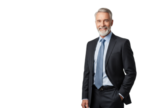 Mature caucasian man, 50s-60s, grey beard, dark business suit, blue shirt and tie, standing confidently with a friendly smile on bright white studio background with copy space, emphasizing