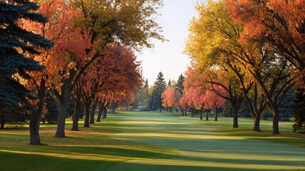 Fototapeta premium Tranquil Autumn Golf Course Landscape with Vibrant Fall Foliage and Serene Green Fairway under Soft Morning Light