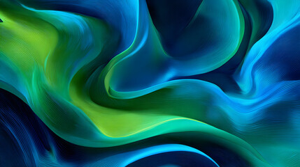 Obraz premium Dynamic wavy shapes blend fluidly with vibrant colors creating an abstract teal green and blue flowing texture rendering a visually appealing elegant and smooth background for