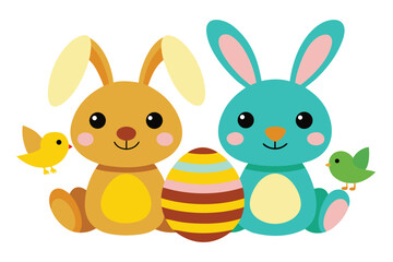 Two cute cartoon bunnies with easter egg and chicks