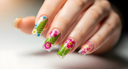 Close-up of a beautiful floral manicure with pressed dried flowers and leaves nail art