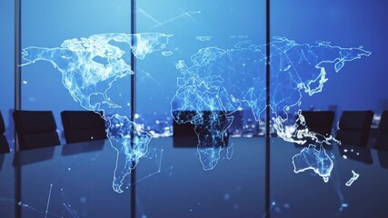 Global business meeting room with holographic world map display for international team discussion - Powered by Adobe