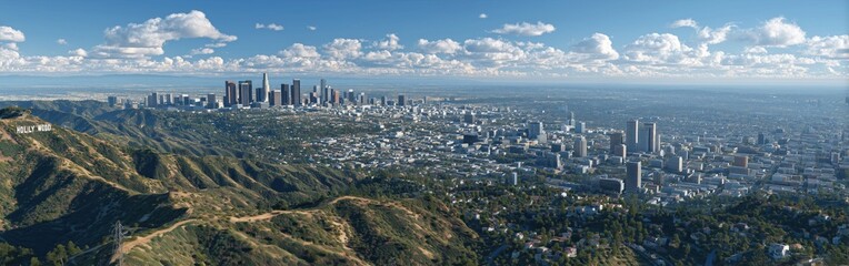 Fototapeta premium Skyline of Los Angeles on sunny day, Hollywood Sign and Downtown LA skyscrapers prominent, captured from high vantage point, urban landscape, cityscape photography 
