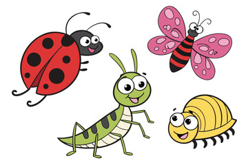 Vector art of cute cartoon insects including ladybug, butterfly, grasshopper, and beetle isolated on white background